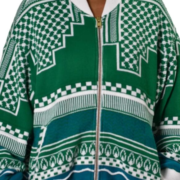 Anz Sweater Jacket Knit Green Keffiyey Zip Front Geo Print Streetwear Size XL - Picture 4 of 16